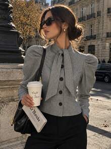 Perirose Women's Grey Herringbone Puff Sleeve Short Blazer, High Neck Front Button Slim Fit Coat, Autumn/Winter Office Commute Fashion Outfit - Grey - View 4