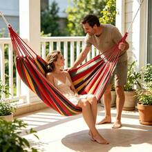 1pc Canvas Cotton Double Hammock For 1 Or 2 People, With Tree Hanging Straps, Portable & Comfortable, Suitable For Patio, Backyard, Outdoor, Indoor, Home, Garden, Camping, Travel, Red & Blue Color, Best Gift Choice (Includes Tie Ropes And Storage Bag) - Multicolor - View 1
