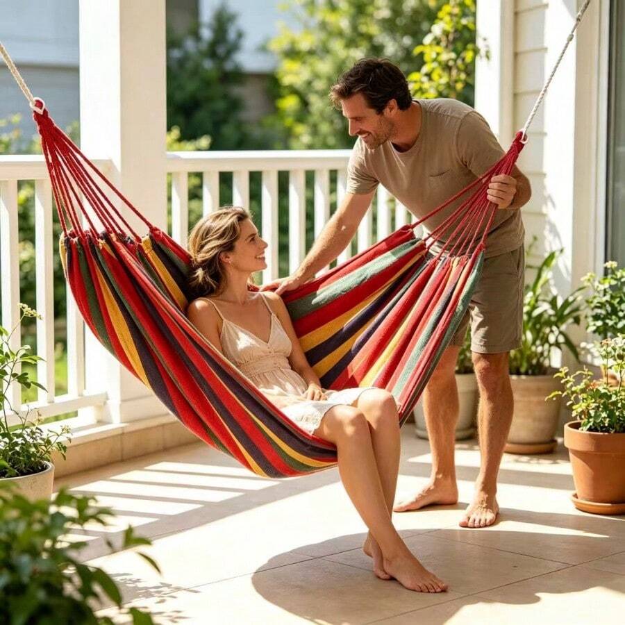 1pc Canvas Cotton Double Hammock For 1 Or 2 People, With Tree Hanging Straps, Portable & Comfortable, Suitable For Patio, Backyard, Outdoor, Indoor, Home, Garden, Camping, Travel, Red & Blue Color, Best Gift Choice (Includes Tie Ropes And Storage Bag) - Multicolor - View 1
