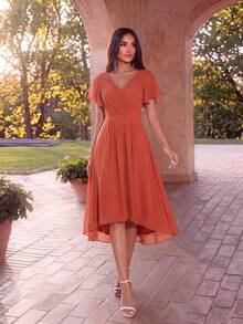 EVERPRETTY Gaun Bridesmaid Chiffon Panjang Sedang Warna Oranye Terbakar dengan Lengan Ruffle Model A-Line dan Leher V Ganda, Cocok untuk Pesta Pernikahan dan Acara Semi-Formal - Burnt Orange - View 2