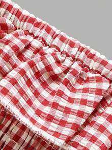 Women's Red Plaid Ruffle Strap Mini Dress, Pleated Decor Spaghetti Strap Flared Hem Sexy Cute Outing Outfit - Red - View 4