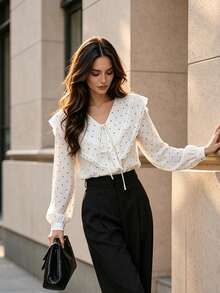Fall Vintage White Polka Dot V Neck Tie Blouse, Elegant Lace Double Ruffle Bubble Long Sleeve Shirt For Fall Winter - Black and White - View 8