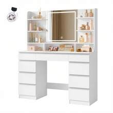 HaluPeit Dressing Table With LED Light, Vanity Desk With 1 Large Drawer And 8 Small Drawer Cabinets, Adjustable Brightness, Large HD Mirror, 9 Open Storage Areas - Silver - View 5