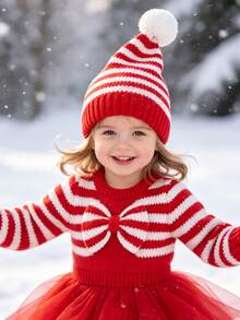 1Pc Kids Santa Knit Beanie Red White Striped Winter Hats For Girls Boys Teens Baby Essentials For Party Costume And Christmas Gift - Multicolor - View 6