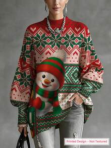 ASHKATIA Women's Plus Size Sweater, Christmas Outfit, Asymmetrical Hem Lantern Sleeves - Multicolor - View 3