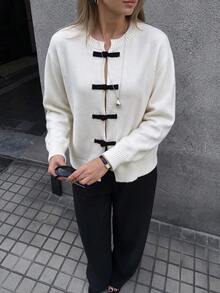 NOVELLE Women Chic White Fall Knit Cardigan, Frog Button Long Sleeve Crew Neck Cropped Sweater Coat, Casual Daily Street Outfit - White - View 3