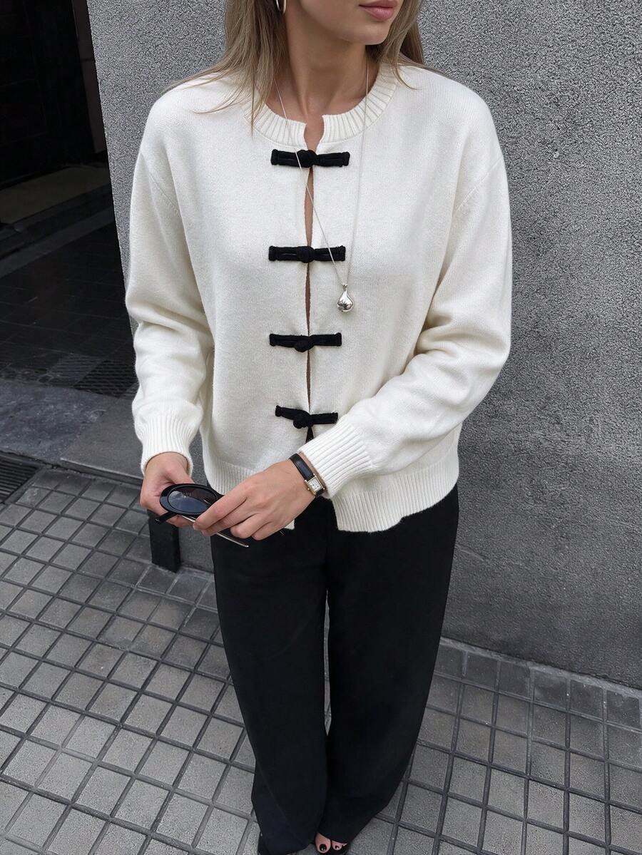 NOVELLE Women Chic White Fall Knit Cardigan, Frog Button Long Sleeve Crew Neck Cropped Sweater Coat, Casual Daily Street Outfit - White - View 1