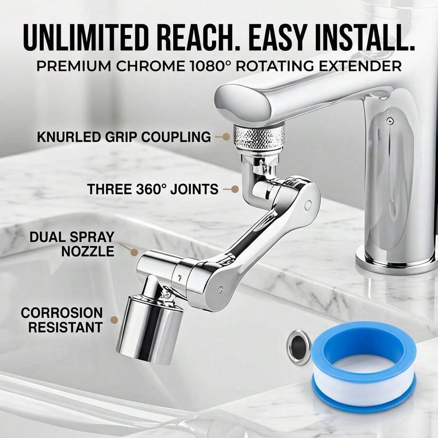 2pcs Universal Rotating Robotic Arm Faucet Extender, 1080° Rotating Sink Aerator With 9.5cm Extension Tube And Sealing Tape, Suitable For Bathroom Face Washing And Rinsing
