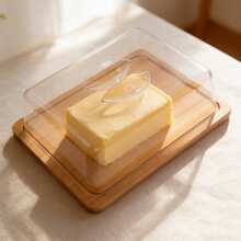 Bamboo Base + Transparent Dust Cover: Butter Dish / Cake Stand – Dust-Proof Display Tray For Afternoon Tea Snacks And Bread - View 3