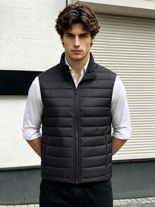 1pc Casual Sleeveless Vest, Warm Travel Outdoor Solid Color Top, Autumn/Winter - Black - View 2