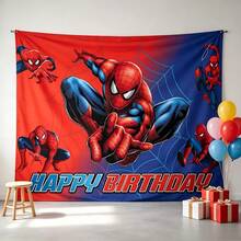 1pc Super Hero Printed Birthday Party Background Fabric, Red And Blue Spider Pattern Happy Birthday Banner Portrait Shooting, Holiday Party Comic Style Party Supplies, Home Wall Decoration, Event Photo Decoration - Multicolor - View 2