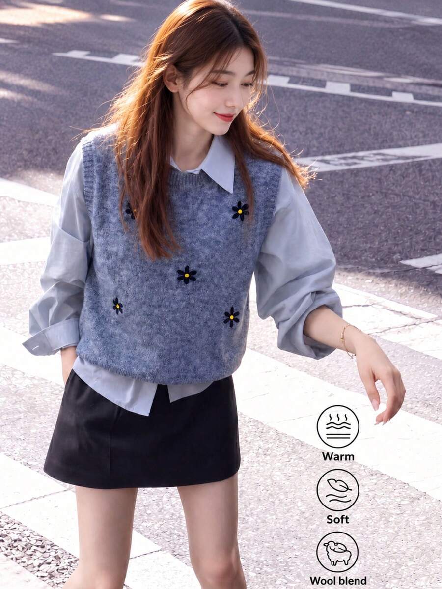 Alicedudu Rompi Sweater Pullover Leher Bulat Bordir Bunga Campuran Wol Musim Gugur Wanita untuk Liburan Musim Gugur - Grey - View 1