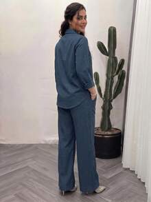 女款春夏/秋冬純色休閒前口袋鈕扣兩件套，日常通勤、辦公、約會優雅穿搭 - 藍色 - 查看 3