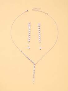 3pcs Tennis Round Diamond Y-Shaped Dangle Jewelry Set, Linear Crystal Lariat Pendant Necklace With Straight Long Dangle Earrings, Women's Minimalist Bridal Wedding Evening Party Sparkling Accessories - Rhinestone - View 11