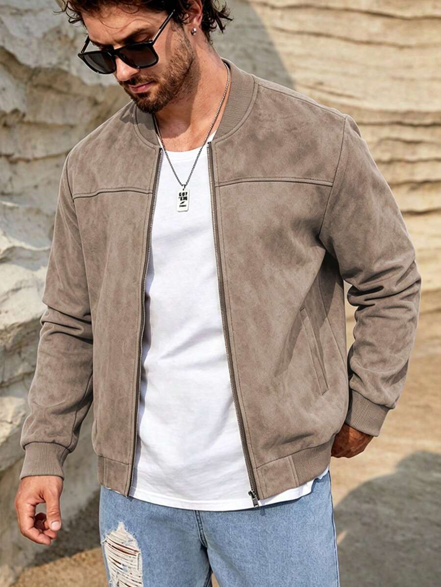 1pc Vintage Men Faux Suede Bomber Lightweight Jacket, Ribbed Collar Zip Up Casual Outerwear, Solid Men's Coat For Spring And Autumn Street Daily Wear - Khaki - View 1