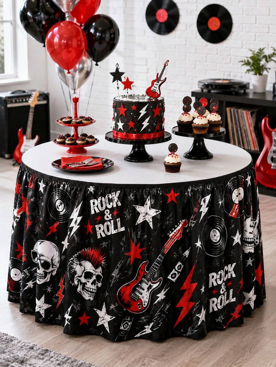 1pc Rock & Roll Table Skirt, Black Red Guitar Skull Lightning Star Print Polyester Ruffled Table Skirting, Elastic Decorative Table Cover For Round & Rectangle Tables, Music Birthday Party, Concert, Punk Theme Party Supplies - Multicolor - View 1