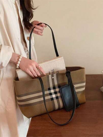 JIANSHANGGUSHI Ladies' British Retro Woven Check Tote Bag, Large-Capacity Commuter Shoulder/Handheld Bag, Includes A Free Small Coin Pocket.
