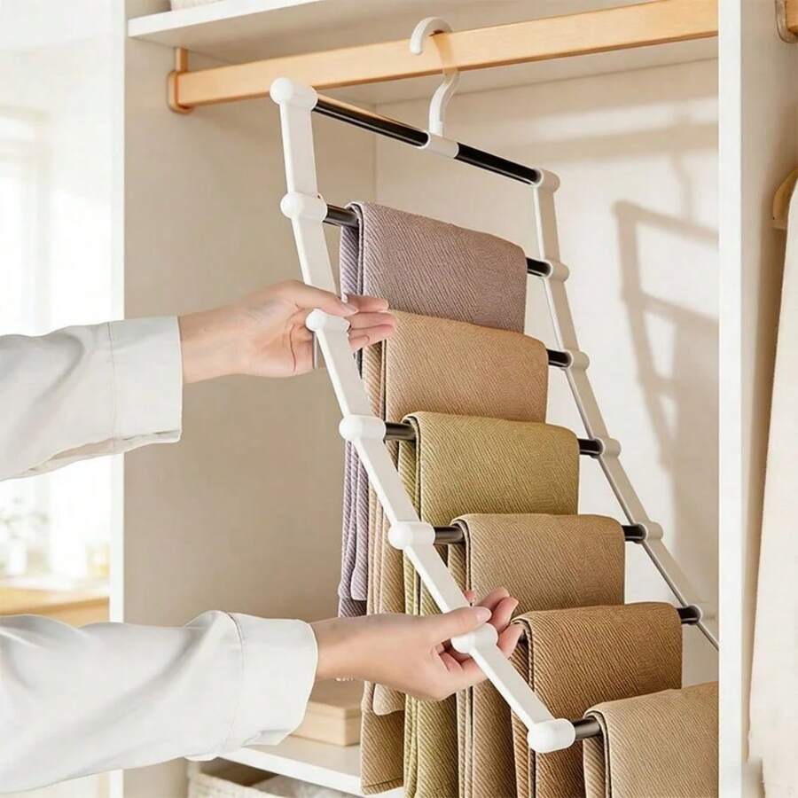 1pc Multi-Layer Folding Pants Hanger, Stainless Steel & Plastic Material, Minimalist Solid Color Design, Can Hang Multiple Pairs Of Pants And Skirts Simultaneously, Space-Saving Closet Storage, Non-Slip & Wrinkle-Free, Suitable For Adult Home Wardrobe Organization, Practical Thanksgiving & Housewarming Gift - White - View 1