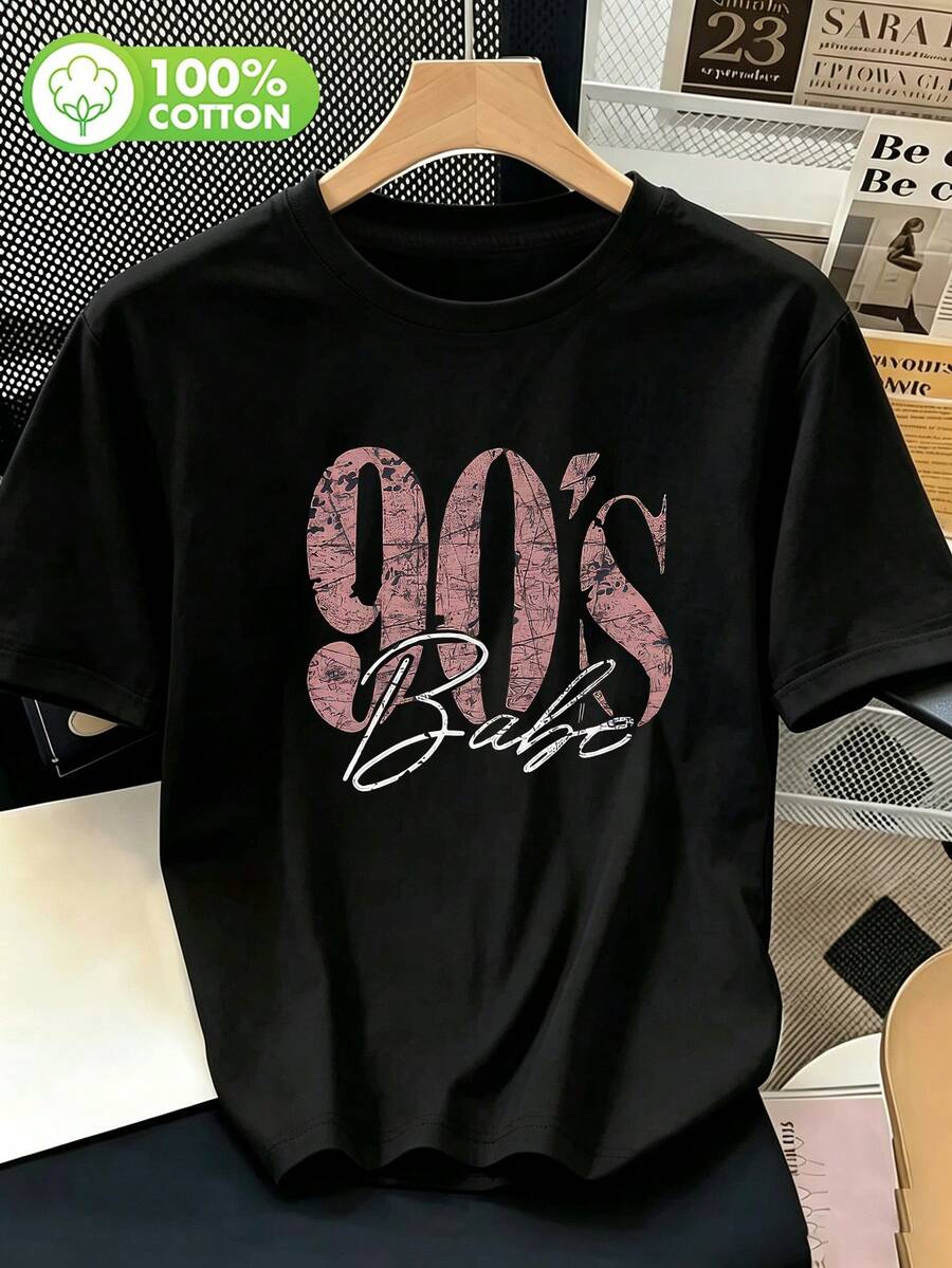 Áo thun nữ size lớn phong cách vintage thập niên 90, họa tiết chữ lớn retro, tay ngắn, 100% cotton, dáng rộng, phù hợp mọi mùa, có thể giặt máy - màu đen - Xem 1