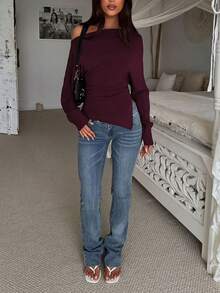 Sweater Kasual Minimalis Elegan dan Glamor, Atasan Rajut Pas Badan dengan Bahu Asimetris untuk Perjalanan Sehari-hari - Burgundy - View 6