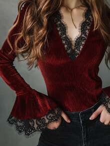 Women's Velvet Deep V-Neck Top, Romantic Burgundy Pleated Velvet Blouse With Black Lace Trim, Ruffle Long Sleeve, Knitted Fabric Ruffle Collar Blouse - Burgundy - View 4