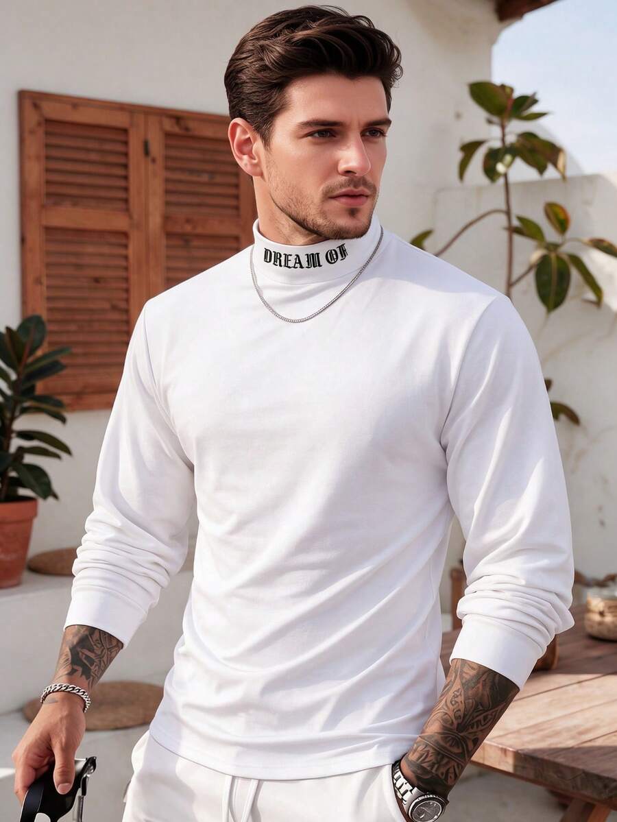 ALTZTAR Men's Minimalist Half-High Neck Printed T-Shirt, Suitable For Spring/Summer Commute And Casual Wear - White - View 1