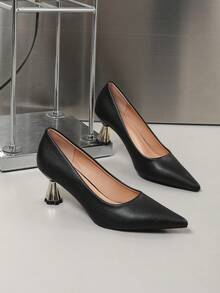 Women's Soft Leather Pointed Toe Low-Cut High Heel Shoes With Metal Trumpet Heel, Slip-On Fashion Loafers For Commute, Work, Daily Wear, Wedding, Party, All Seasons - Black - View 3