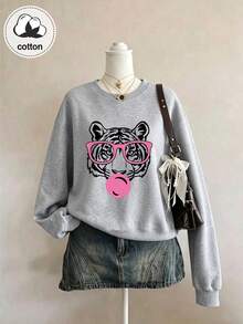 Sweat-shirt à manches longues pour femmes, imprimé tigre avec lunettes roses et chewing-gum, Top décontracté - Gris pâle - Voir 1