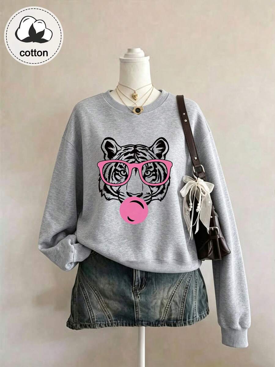 Sweat-shirt à manches longues pour femmes, imprimé tigre avec lunettes roses et chewing-gum, Top décontracté - Gris pâle - Voir 1