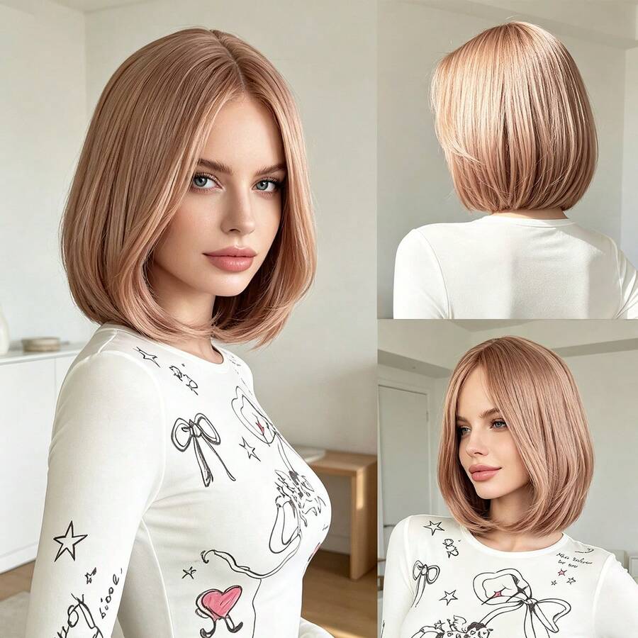 Synthetic Wig Women Short Bob Wig Light Rose Gold Straight Middle Part Hair Wig Daily Party Heat Resistant Synthetic Hair Wigs