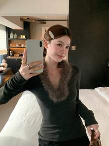Women's Fur Collar Fitted Base Layer Top, Chic Early Autumn Slim Fit Innerwear, Autumn/Winter Blouse - Dark Grey - View 2