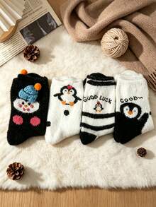 1/4/8 Pairs Cute Penguin And Snowman Plush Mid-Calf Socks, Soft And Warm -Lined Winter House Socks, Comfortable Cartoon-Patterned Sleep Socks - Multicolor - View 4