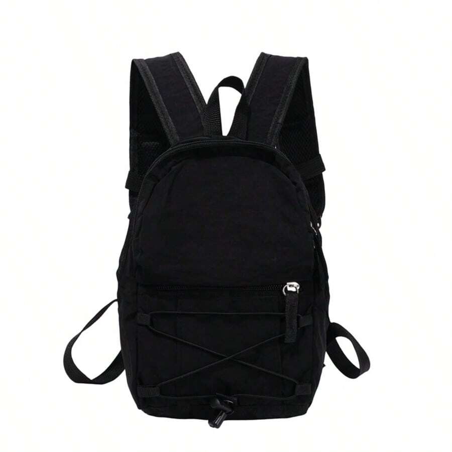 Men's Black Lightweight Nylon Small Backpack, Multi-Pocket Drawstring Design, Adjustable Thick Straps, Outdoor Short Trip Casual Commute Minimalist Mini Backpack