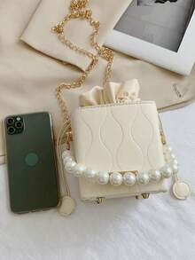 Mini Geometric Pattern Drawstring Design Faux Pearl Decor Bucket Bag, Faux Pearl Bag - White - View 5
