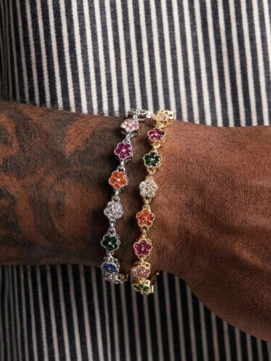 1pc Men's Gold-Tone Metal Bracelet With CZ Inlaid Five-Leaf Clover Beads, Luxury Style, Suitable For Daily Wear, Gatherings And Parties - Bracelet 2 - View 1