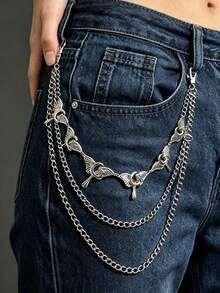 1PC Gothic Wing Moon Layered Pant Chain, Silver Metal Trouser Chain, Punk Waist Chain For Jeans, Halloween Outfit Accessory - Silver - View 4