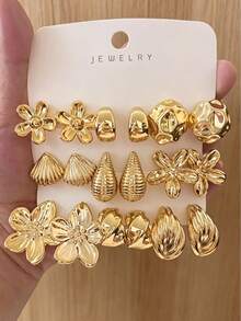 6/18PCS Fashion Gold Metallic Earring Set, Flower Shell Water Drop C-Hoop Geometric Multi-Element Women's Fashion Earring Set, Daily Wear, (Lightweight CCB Material, Non-Fading/No Dropping Sensation) - Gold - View 11