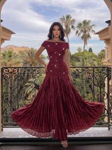 New Sexy Burgundy Off-Shoulder Heavy Rhinestone Evening Gown With Pleated Full Skirt, Bandage Long Dress, Elegant Women's Formal Evening Party Dress - Red - View 1