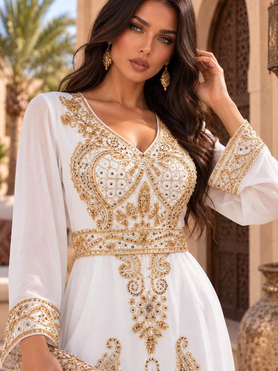 Women's Sequin Beaded Long Sleeve Elegant Dress - White - View 1