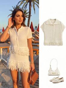 Women's Fashionable Tasseled Plaid Short Sleeve Casual Knitted Cardigan For Summer Spring - Beige - View 10