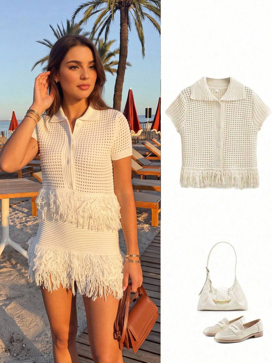 Áo khoác cardigan dệt kim tay ngắn có tua rua thời trang dành cho nữ, thích hợp cho mùa hè và mùa xuân. - Màu be - Xem 1