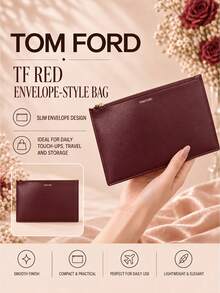 Tom Ford TF Burgundy Envelope Bag, 25*17cm, Single Piece, Lightweight And Smooth, Zipper Closure, Suitable For Travel And Daily Makeup Storage - Red - View 3