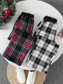 2pcs Autumn/Winter 8-12Y Kids Fleece Asymmetrical Print Long Pants, Casual Comfortable Student Trousers - Black - View 2