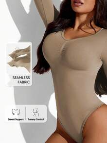Suprenx 1pc Women's Long Sleeve Tummy Control Push Up Bodysuit Shapewear Sport Bodysuit - Khaki - View 4