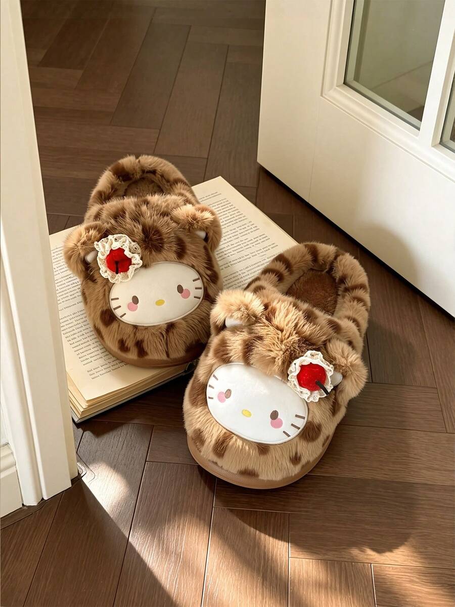 Hello Kitty 卡通貓咪設計女款毛絨拖鞋 隨機豹紋一腳蹬舒適平底室內拖鞋 - 棕咖啡色 - 查看 1