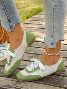 Women's Square Toe Satin Colorblock Lace-Up Ballet Style Sneakers, Ruched Heel Flat Casual Athletic Shoes, 1 Pair - Green - View 4