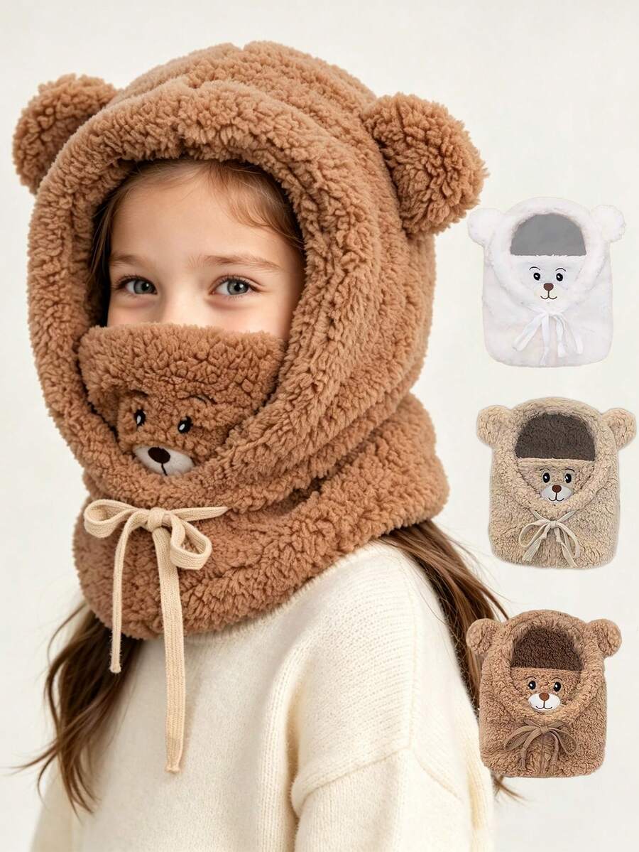1pc Baby Cartoon Bear Ear Fleece Knitted Hat With Mask, Warm Headwear, Thickened Ear Protection Skull Cap, Neck Warmer