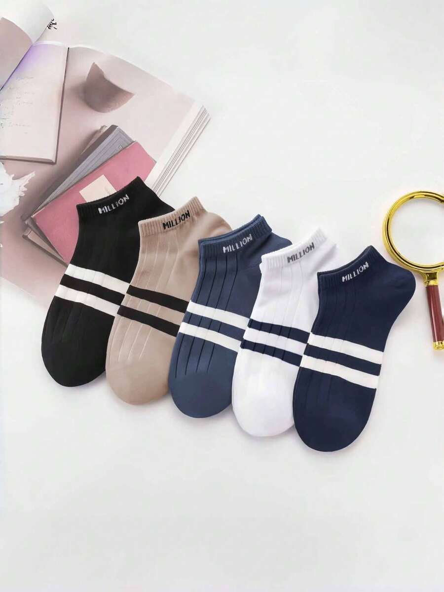 10pcs/5 Pairs Boys Kids Teens Socks, Vertical Stripe & Double Bar Pattern Ankle Socks, Suitable For Casual Shoes, Holiday Gift