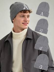 1Pc Women Men A‑Z Gothic Letter Cuffed Ribbed Knit Beanie, Personalized Warm Winter Knitted Hat For Gentlemen Daily Casual Wear - Grey - View 1