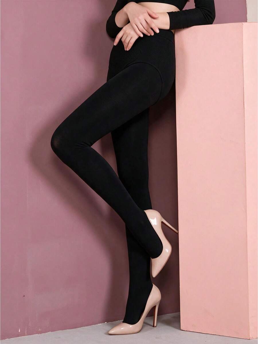 1Pc Women High Waist Shaping Pantyhose, Tummy Control & Butt Lift Black Tights, Spring Autumn Opaque Base Layer Stockings - Multicolor - View 1